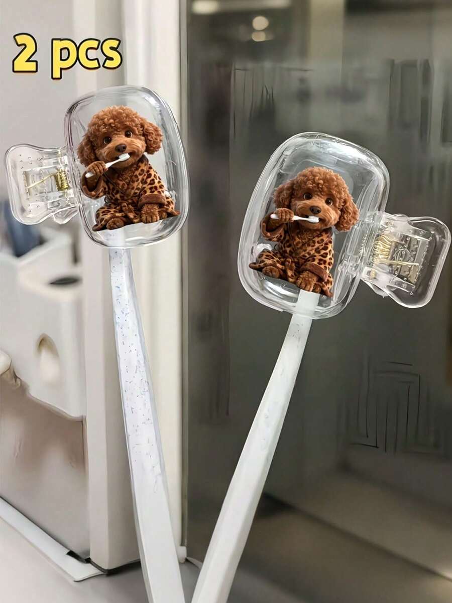 A Cat And Dog Toothbrush Holder Wearing Leopard Print Pajamas, A Portable Toothbrush Cover Storage Box, And A Toothbrush Head Protector To Keep The Toothbrush Clean And Protect Oral Health. Travel Toothbrush Storage Box, Portable Toothbrush Head Protection Clip, Toothbrush Protection Cover, Protecting Toothbrush Head - Multicolor - View 1