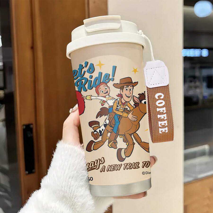迪士尼玩具总动员胡迪和翠丝“出发吧!”图案保温咖啡杯,带腕带,不锈钢材质,带盖,双饮设计,经久耐用 - 彩色 - 查看 1