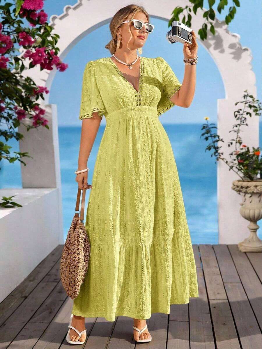 Vestido de mujer talla grande, romántico y elegante con parches de encaje, para uso casual, vacaciones, playa y uso diario, primavera/verano - Mostaza Amarilla - Ver 1