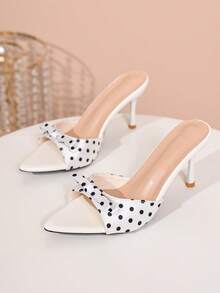 2026 Sommer Neu Weiß mit schwarzen Polka Dots Satin Schleife Spitzschuh Stiletto Absatz Mule Pantoffeln für Damen, vielseitige Pendler Schuhe - Weiss - Übersicht 4
