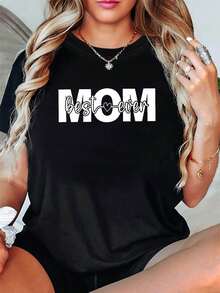 Women's Printed T-Shirt [Special Holiday Offer] Women's Short-Sleeved Crew Neck T-Shirt With "MOM, The Best Of All" Text Print, Ideal For Casual Shopping, Holiday Gifts, Friend Gatherings, Vacation Wear. - 黑色 - 查看 7