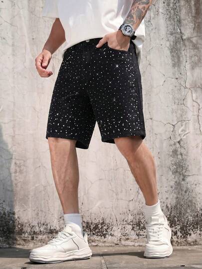 Quần short denim wash than cho nam, quần short dáng suông dài đến đầu gối phong cách đường phố, quần short denim đen đa năng dài đến đầu gối, quần jeans phong cách hip hop đường phố.