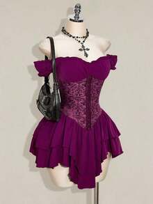 ICnn Vestido corto de gasa con volantes en el hombro, cintura fruncida y estampado jacquard para mujer, elegante para fiestas y uso casual - Morado - Ver 6