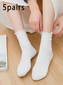 1/3/5 pares de calcetines de tobillo con volantes lindos para mujer, color negro y blanco, mezcla de poliéster y spandex, lavables a máquina - Multicolor - Ver 7