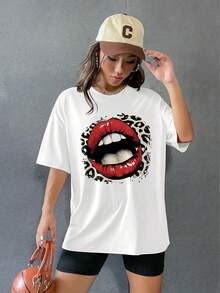 Y2K - Women's T-Shirts With Lip Print, Round Neck, Short Sleeve, Loose Fit And Versatile Shirt - 白色 D - 查看 5