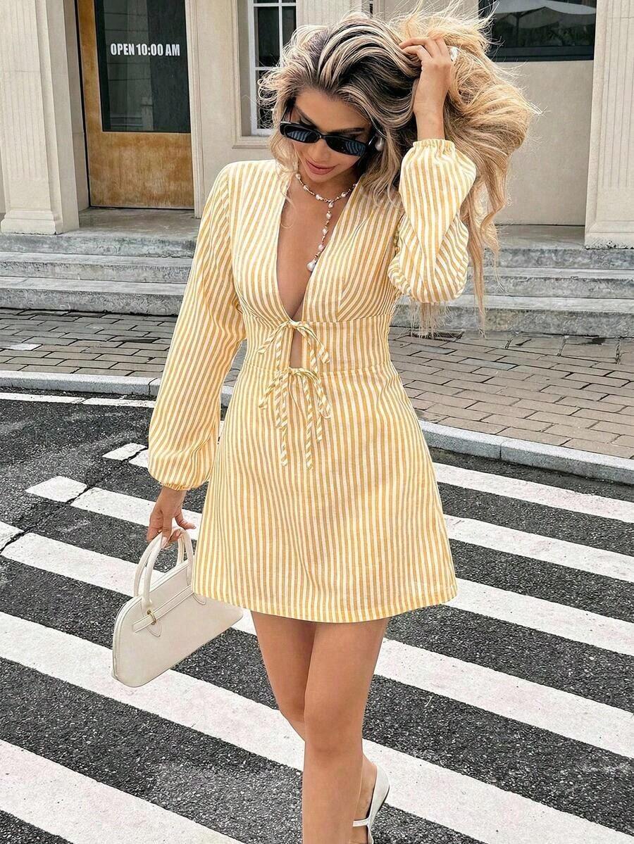 Vestido mini de mujer de manga larga con cintura ceñida y lazo en azul y blanco a rayas - Amarillo - Ver 1