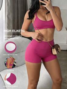 Women's Sports Two Pieces Summer Sexy Cross Vest With Breast Pad And High Waisted Hip Shorts Suit For Yoga Gym - Hot Pink - View 1