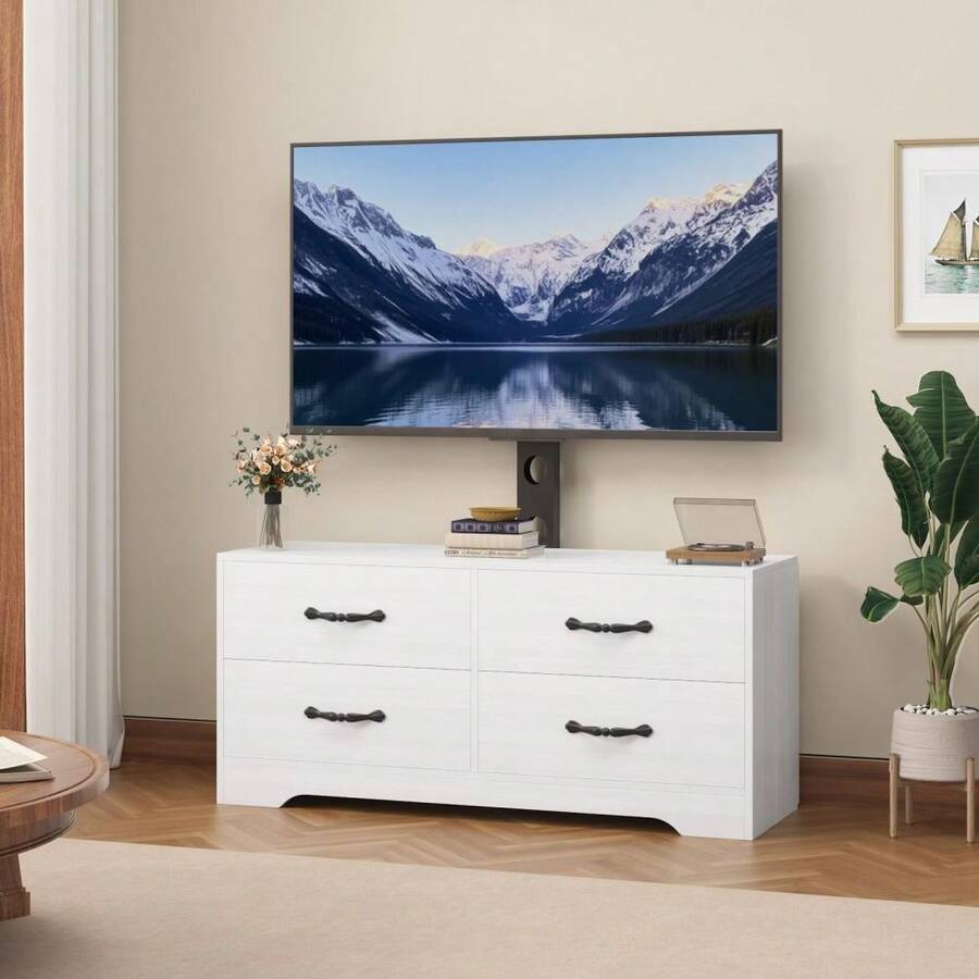 Diseño elegante y funcional - Mueble TV moderno con soporte, centro de entretenimiento de 120 cm, cómoda de 6 cajones de ratán para TV de 32-85", gran capacidad de almacenaje - Blanco - Ver 1