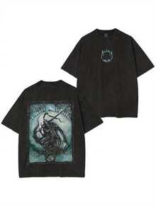 Men's Washed Streetwear Oversized T-Shirt | Dragon And Tree Graphic Print, For Casual Everyday Wear And Fashion Events, Double-Sided Print, Heavyweight Vintage Tee, Perfect Gift - 黑色 - 查看 1