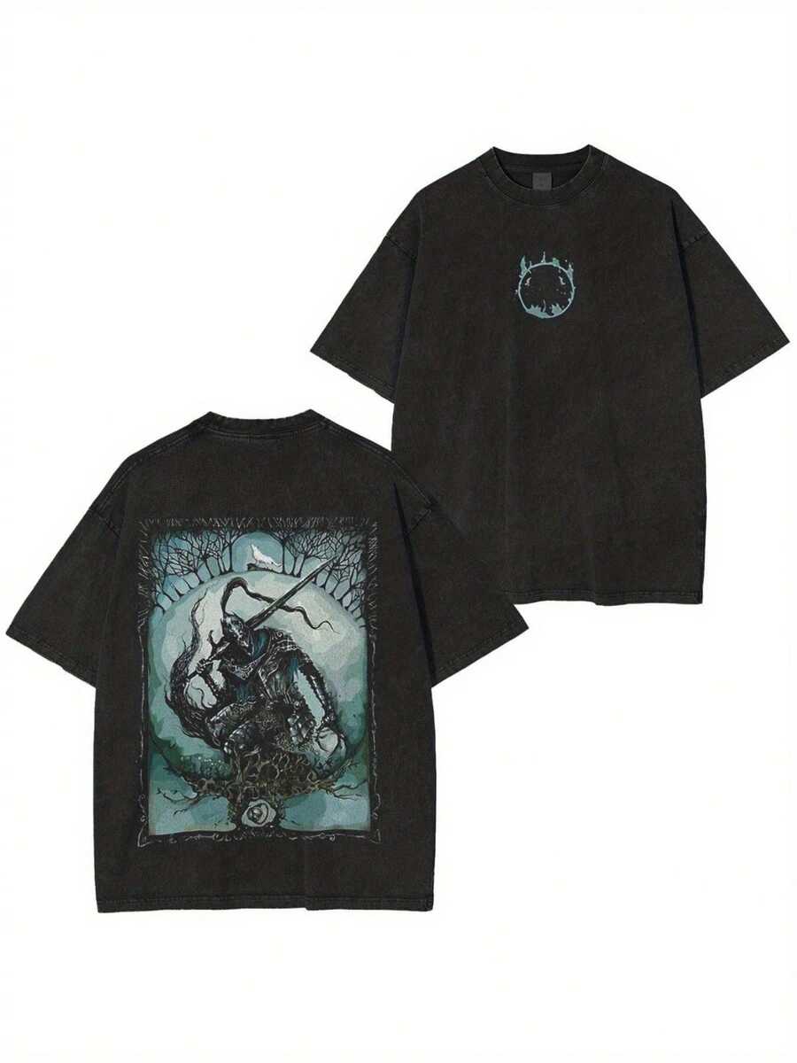 Men's Washed Streetwear Oversized T-Shirt | Dragon And Tree Graphic Print, For Casual Everyday Wear And Fashion Events, Double-Sided Print, Heavyweight Vintage Tee, Perfect Gift - 黑色 - 查看 1