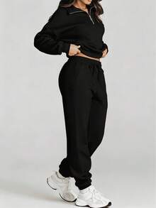 Women's Two-Piece Tracksuit With Half Zip And Matching Pants - 黑色 - 查看 4