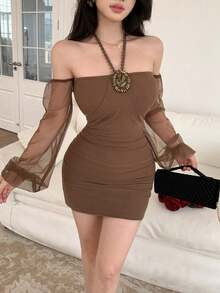Vestido mini elegante con hombros descubiertos para mujer - Marrón - Ver 7