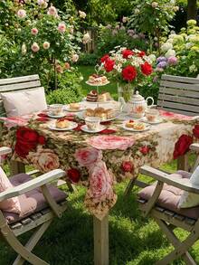 1/2pcs Tablecloth, Vintage Rose Floral Pattern, Polyester Material, Square Or Round Shape, Suitable For Kitchen, Dining Room, Coffee Table, Picnic, Camping, Countryside Decor, Table Protection, Holiday Decoration, Elegant Floral Design, Cozy Countryside Style - Multicolor - View 8