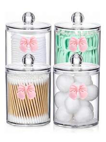 1/2/4pcs Cute Bathroom Storage Containers With Lids, PS Canister Set With Custom Pink Bow Design, Vanity Organizer For Cleaning Pads, Swabs, Floss Picks & Cleaning Balls - Multicolor - View 3