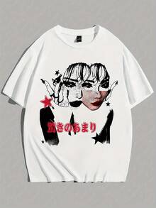 Camiseta de moda con estampado de retrato para hombre, camiseta deportiva casual, camisa negra de manga corta y corte holgado con retrato de personaje. - Gris Oscuro - Ver 10
