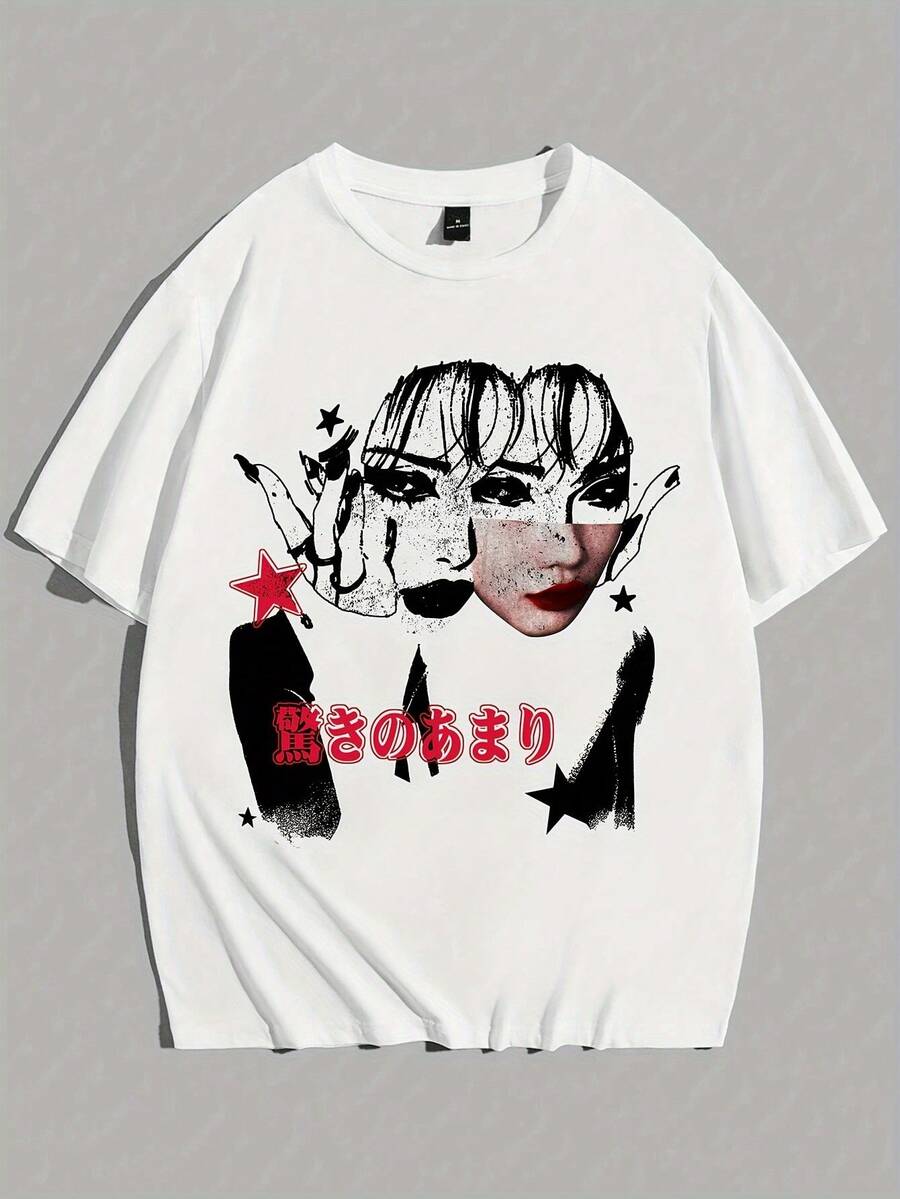 Men's Fashion Portrait Print T-Shirt, Casual Sports T-Shirt, Loose Fit Short Sleeve Black Shirt With Character Portrait. - 白色 - 查看 1