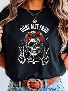 Women's Casual Black Round Neck Short Sleeve T-Shirt With Skull Print, Comfortable Spring/Summer - Black - View 11