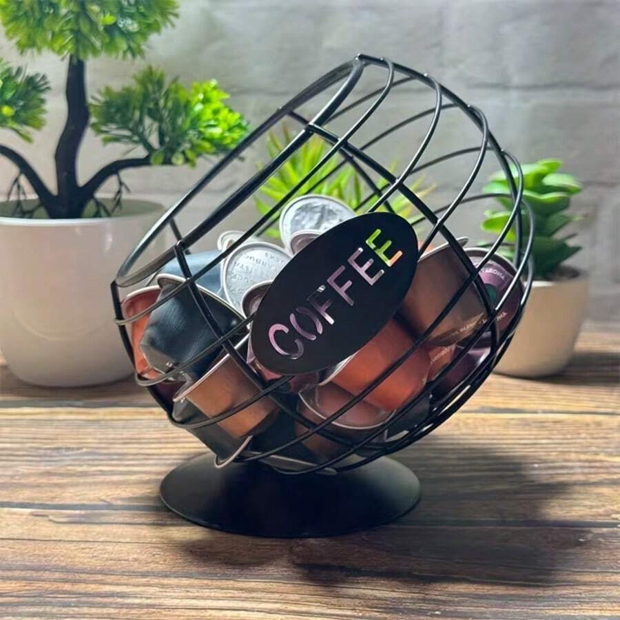 360° Rotating Metal Wire Coil Coffee Capsule Storage Basket With Wooden Lid Decorative Coffee Capsule Organizer - With Lid - View 1