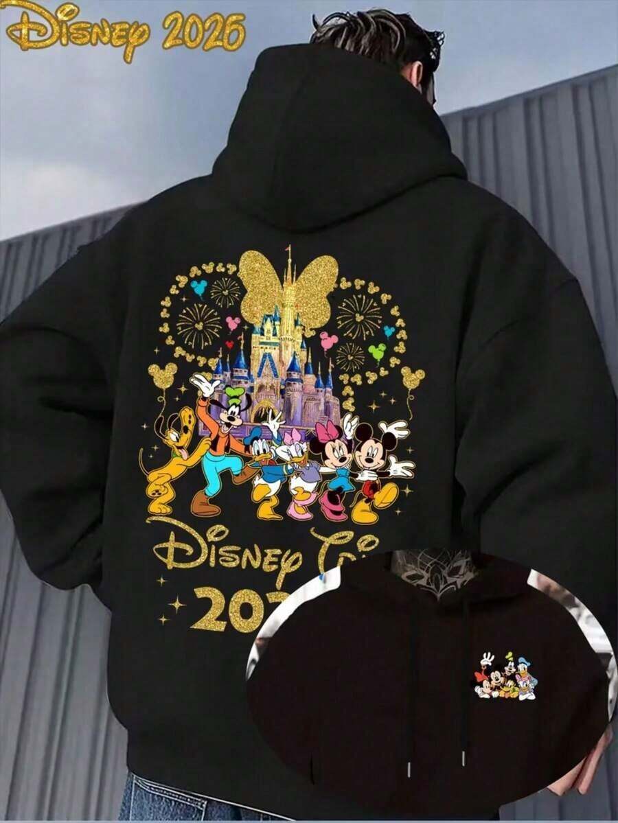 This Disney Men's Casual Hoodie Features A Design That Blends Lightning McQueen From "Cars" With British-Style Prints, Creating A Visually Striking Effect Reminiscent Of American Retro Sportswear. This Garment Is Suitable For Daily Commutes, Gatherings With Friends, Park Check-In, And Various Other Occasions. - 黑色 - 查看 1