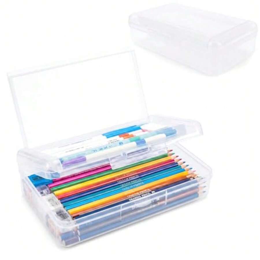 Pencil Box, Large Aci Double Layer Pencil Case, 1 Pa Hard Pencil Case, Clear C Box Wi -Tight Lid, Plac Storage Box Art Craft Marker Organ For Office School Ps, Clear - A - View 1