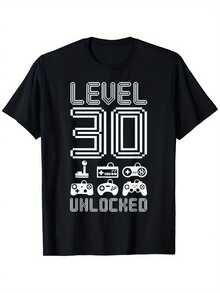 Camiseta de manga corta transpirable para hombre, estilo retro de videojuegos "Level 30 Unlocked" - Para jugadores en su 30º cumpleaños, camiseta casual con diseño de pixel art, lavable, corte regular, color negro, ropa de uso diario, estilo casual vintage de verano, talla grande. - Negro - Ver 1