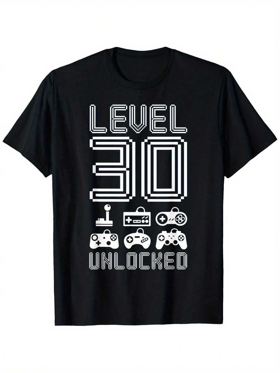 Camiseta de manga corta transpirable para hombre, estilo retro de videojuegos "Level 30 Unlocked" - Para jugadores en su 30º cumpleaños, camiseta casual con diseño de pixel art, lavable, corte regular, color negro, ropa de uso diario, estilo casual vintage de verano, talla grande. - Negro - Ver 1