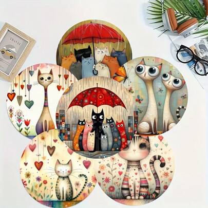 6pcs Floral Cat Pattern Coasters, Suitable For Home, Office And Party Drinks, Essential Home Decor, Ideal Gift For Holidays, Parties, Decorations