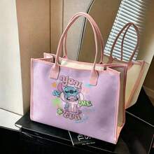 Miniso Disney Lilo & Stitch And Angel Canvas Tote Bag Print On Purple Background Pink Trim Large Capacity Reusable Shopping Handbag Versatile For Work School & Travel - White - View 4