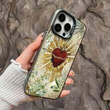 [24h Shipping from MX]1 pieza Fundas para celular anti‑caída con diseño de sagrado corazón rojo con rayos dorados y fondo floral vintage, estilo barroco religioso elegante, compatible con iPhone 17/17 Pro/17 Pro Max/17 Air/16/15/14/13/12/11 Pro/11 Plus/11 Pro Max/XR/X/XS/XS Max y serie S21‑S26, ideal para uso diario y estética gótica chic - Plateado - Ver 6