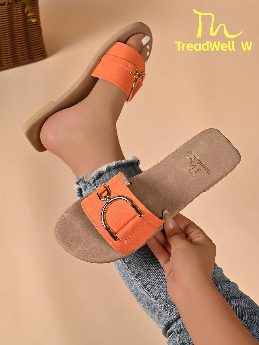 Women's Summer Metal Buckle Flat Sandals, Versatile Minimalist Lightweight Comfortable Open Toe Slippers Beach Shoes