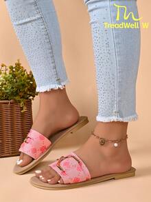 Women's Summer Metal Buckle Flat Sandals, Versatile Minimalist Lightweight Comfortable Open Toe Slippers Beach Shoes - Rose Red - View 5