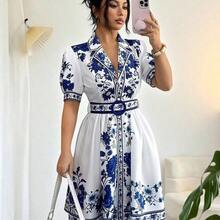 . .  Conjunto de vestido corto de manga corta con cintura ceñida y estampado floral azul y blanco, elegante y romántico para vacaciones, primavera/verano - Multicolor - Ver 2