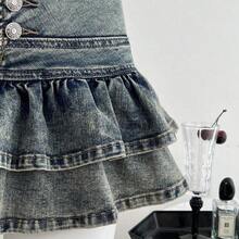 guang zhou mi qian shang mao  Minifalda de mezclilla con volantes en el bajo de unicolor para mujer - Negro01 - Ver 4