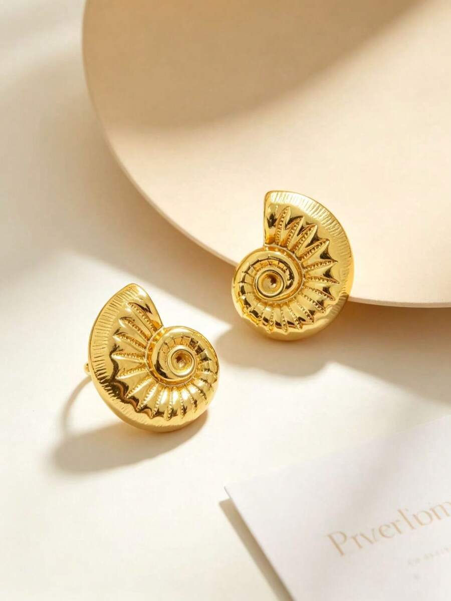1Pair Vintage Gold-Tone Spiral Seashell Stud Earrings, Hypoallergenic Stainless Steel, Nautical Retro Style For Daily/Date/Party Wear - Multicolor - View 1