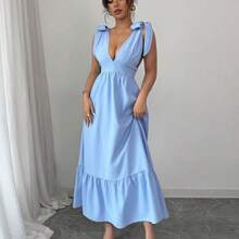 Vestido de cuello en V sin mangas con cintura ajustable con cordón, color azul, adecuado para primavera/verano - Celeste - Ver 5