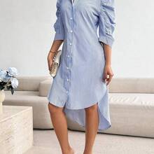 Vestido de camisa casual con pliegues y mangas 3/4 a rayas para mujer, atuendo maxi para primavera/verano - Rosa - Ver 4