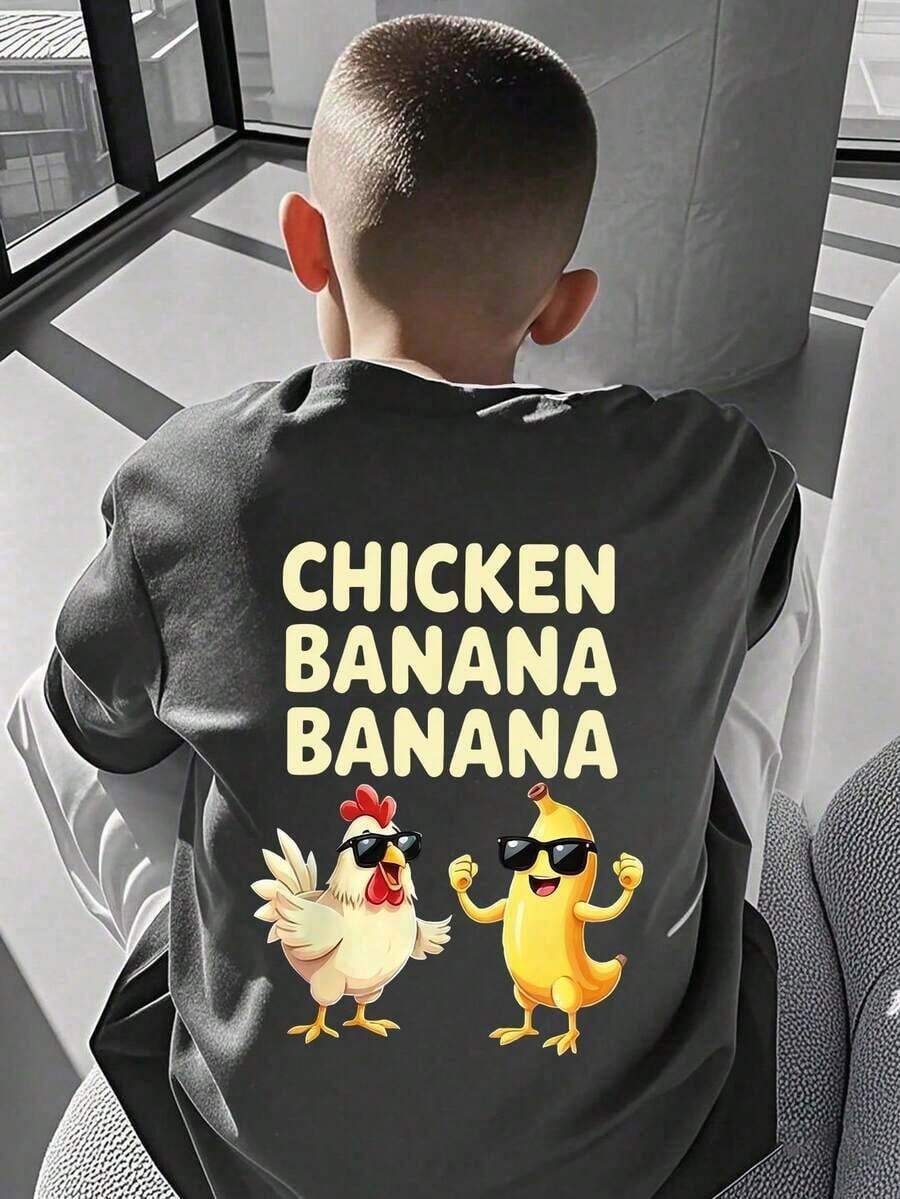 Boys' T-Shirt With Fun Chicken And Banana Print, Soft And Comfortable Fabric, Suitable For Outdoor Sports, Casual Wear, Urban Wear, School Wear, Versatile Fashion T-Shirt For Boys In Spring/Summer. - 灰色 - 查看 1