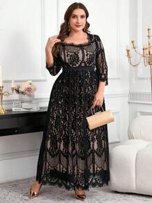 Reflora Vestido de encaje elegante de talla grande para fiesta - Negro - Ver 5
