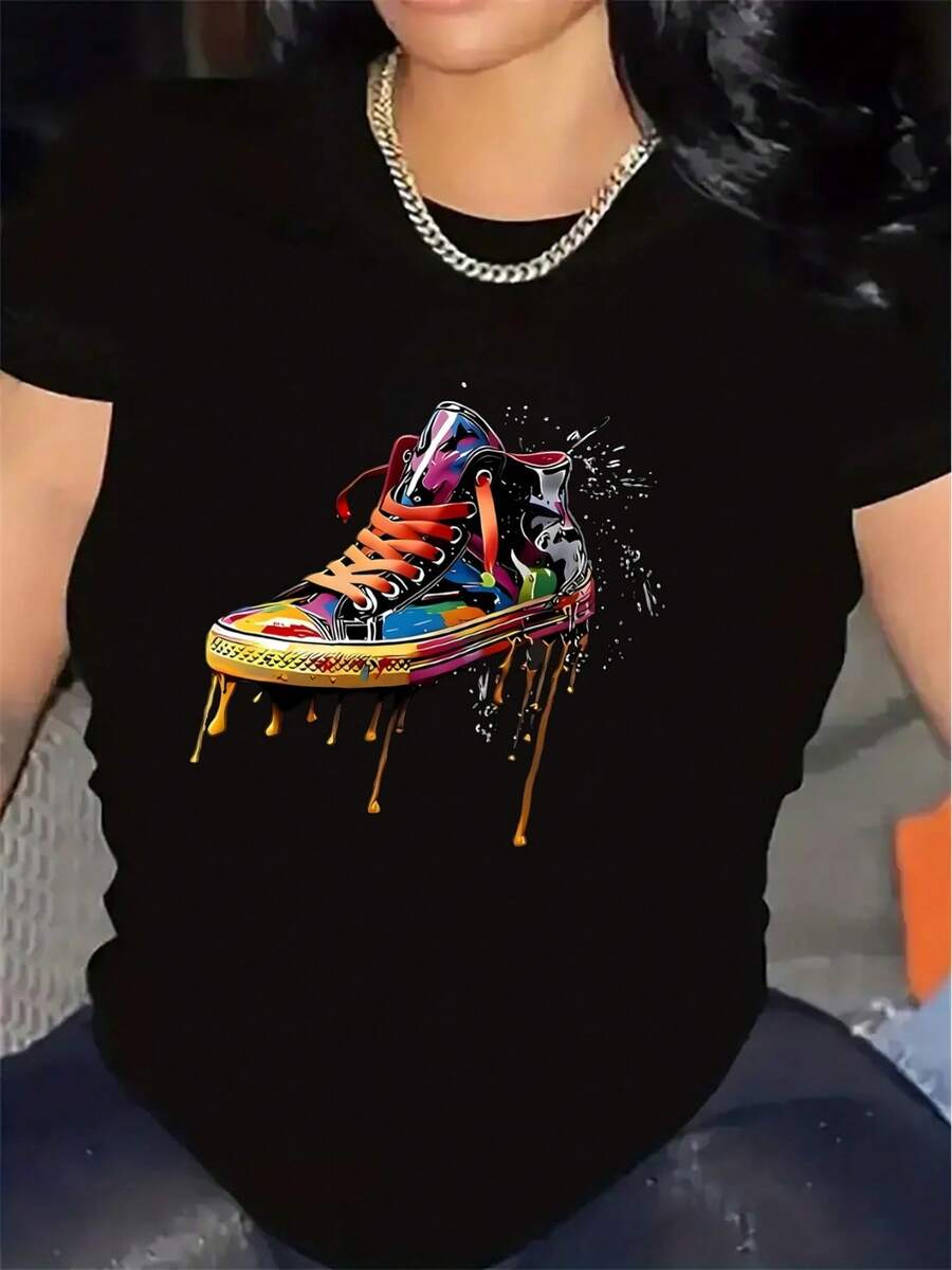 Short-Sleeve T-Shirt With Colorful Sneaker Graphic Design | Lightweight, Durable, Ideal For Casual Wear At Home, In The Office, Or Outdoors, Featuring A Vibrant Artistic Print And A Comfortable Fit, Crew Neck Style - 黑色 - 查看 1