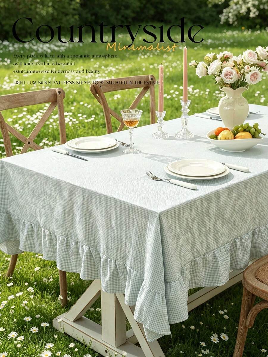 1pc Blue Plaid Tablecloth With Skirt, Fresh Style, Suitable For Daily Home Tabletop Decoration - Baby Blue - View 1