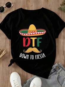 Comfortable For All-Day Wear. This Women's Casual Short-Sleeve T-Shirt Features A Crew Neck And A DTF Mexican Sombrero Print, Perfect For Celebrations And Parties. The Relaxed, Comfortable Fit Flatters All Body Types, While The High-Quality Material Feels Soft Against The Skin And Offers Durability. - 黑色 - 查看 4