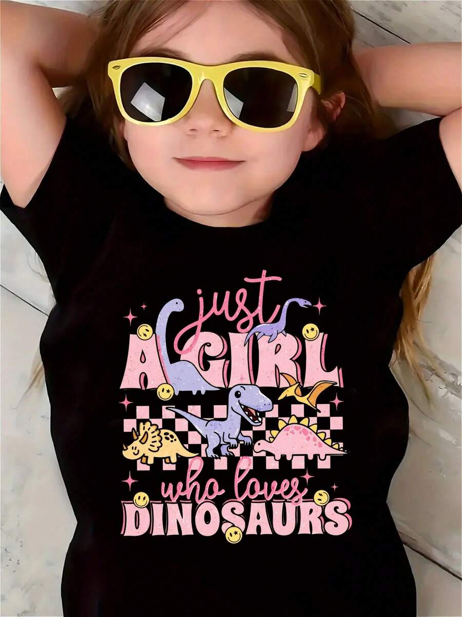 Girls' T-Shirt With A Dinosaur-Loving Girl Letter Print, Cartoon Dinosaur Design, Faces And Stars, Comfortable And Soft, Round Neck, Casual And Stylish, Suitable For Daily Activities. - 黑色 - 查看 1