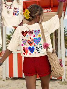 DrmWander Women's Spring Vacation Resort Wear, White Spring T-Shirt With Pink Heart Print, Vintage Urban Style, Unisex, Cotton, Short Sleeve, Round Neck, Blouses For Women. Casual Blouses For Ladies. - 杏色 - 查看 5