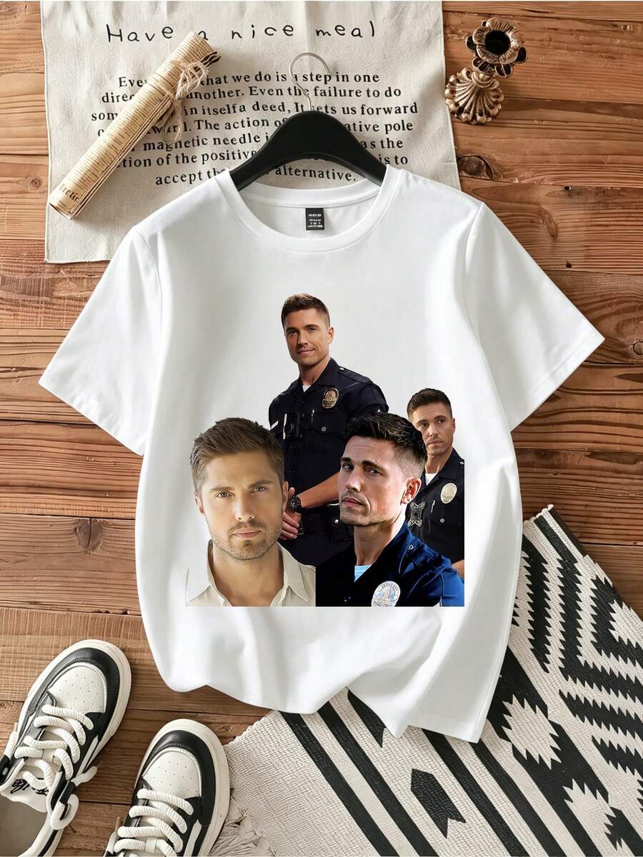 Eric Winter Tim Bradford The Rookie Tee.Vintage Graphic Print Casual Cotton Short Sleeve T-Shirt - White - View 1
