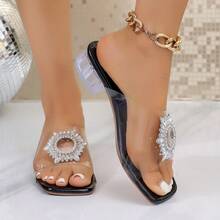 Transparent Rhinestone Decorated Chunky Heel Sandals Women's Summer Fashion Outdoor High Heel Slippers Nightclub Party Vacation Beach Solid Color Beach PVC(Polyvinyl Chloride) Rhinestone Sandals, High Heel Slippers, Women's Shoes, Summer Slippers Beach Holiday Party Office Spring Summer Season - Black - View 6