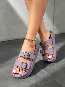 FZY Platform Slides For Women, Adjustable Buckle Glitter Straps, Comfortable Chunky Flatform Sandals, Non-Slip Open Toe Y2K Summer Slippers For Beach, - Purple P - View 3