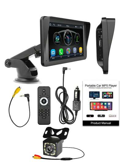 Đầu phát đa phương tiện không dây 7 inch hỗ trợ Apple CarPlay và Android Auto, màn hình cảm ứng, Bluetooth rảnh tay/phản chiếu màn hình/điều hướng/điều khiển bằng giọng nói/thẻ TF/AUX, phù hợp cho ô tô, xe tải, SUV.