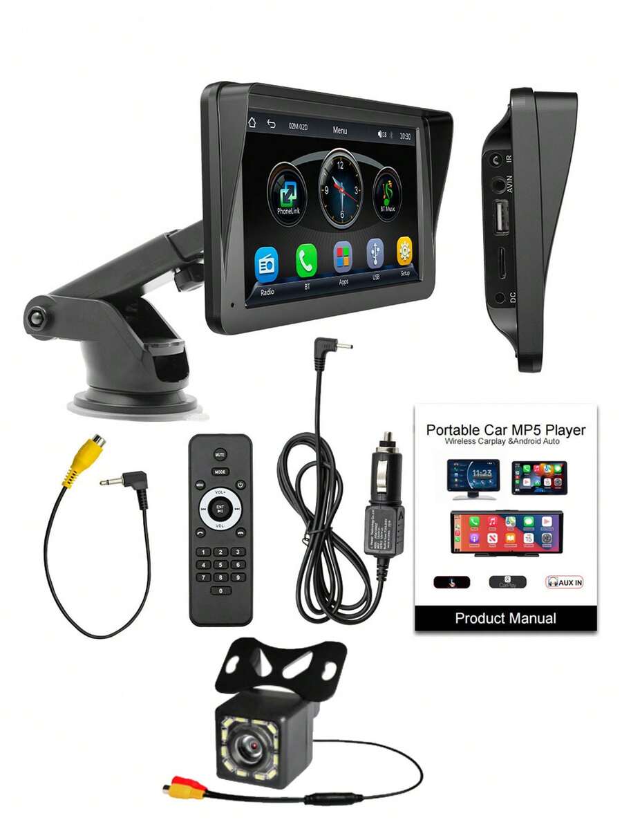 7英寸无线Apple CarPlay和Android Auto播放器，触摸屏蓝牙免提/屏幕镜像/导航/语音控制/TF卡/AUX输入，适用于轿车、卡车、SUV