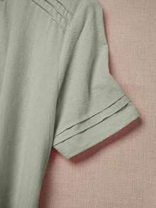 Vestido camisero de algodón y lino de unicolor y manga corta para mujer - verde menta - Ver 3