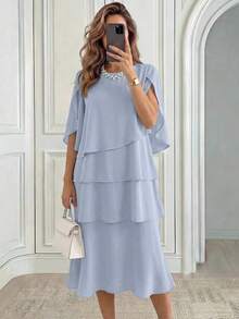 Vestido de fiesta elegante de unicolor para mujeres de mediana edad y mayores - Azul - Ver 1